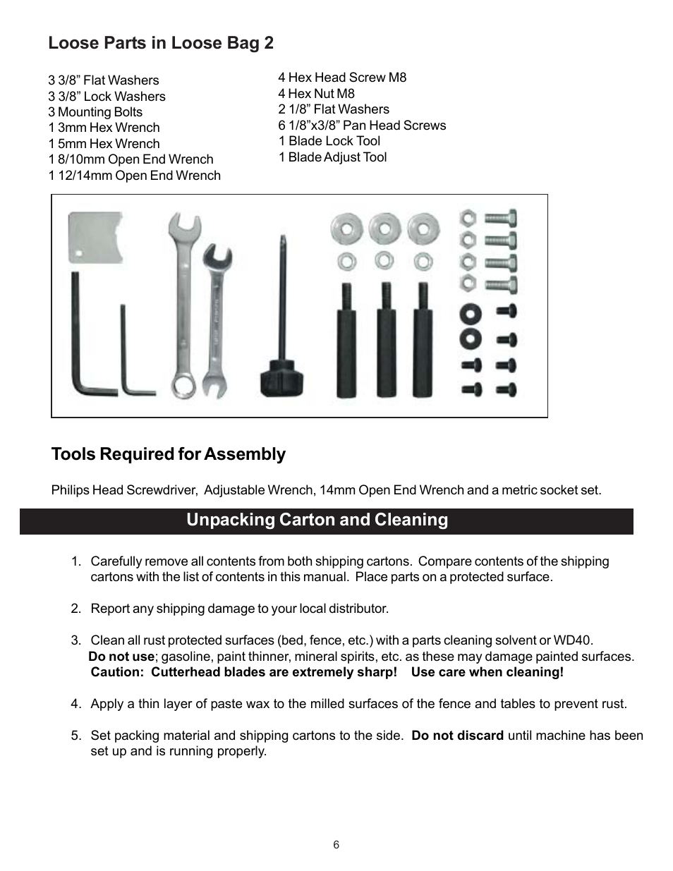 Loose parts in loose bag 2, Tools required for assembly, Unpacking carton and cleaning | RIKON Power Tools 20-110 User Manual | Page 6 / 26