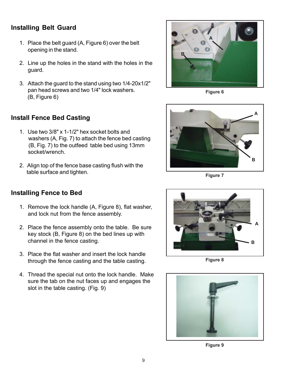 Installing belt guard, Install fence bed casting, Installing fence to bed | RIKON Power Tools 20-110 User Manual | Page 9 / 26