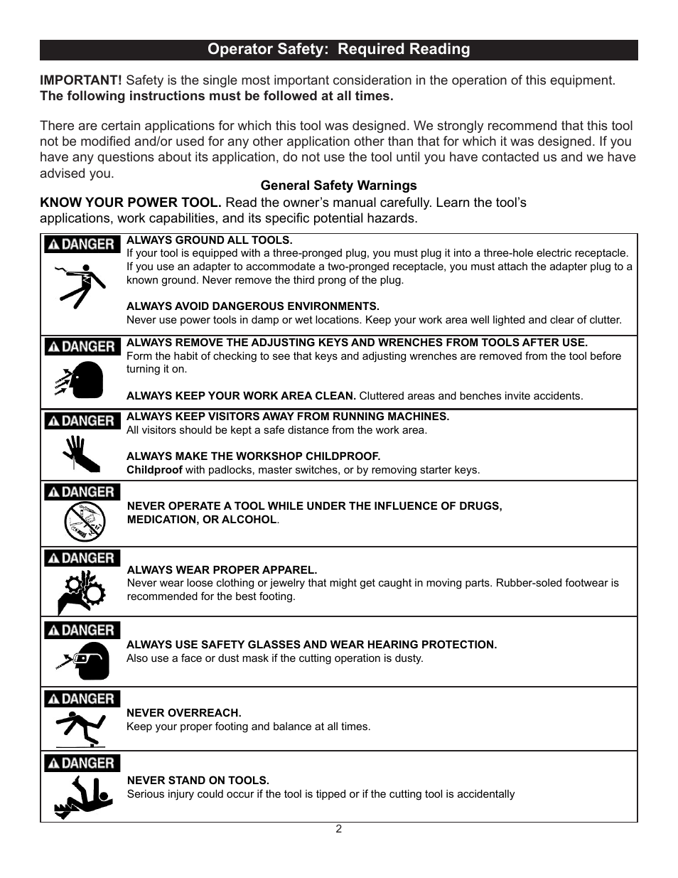 Operator safety: required reading | RIKON Power Tools 50-110 User Manual | Page 2 / 16