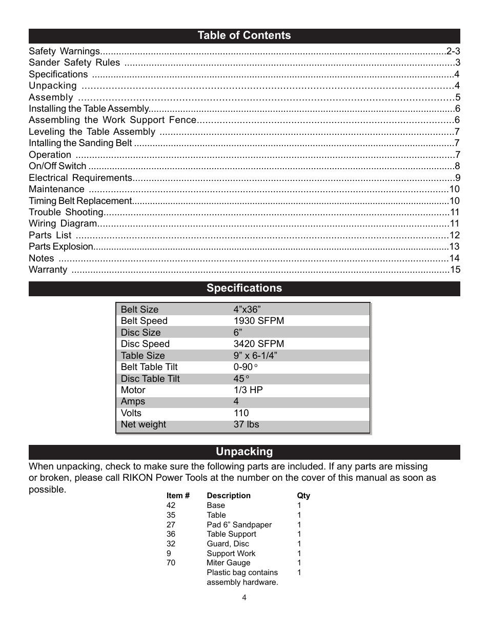 Table of contents specifications unpacking | RIKON Power Tools 50-110 User Manual | Page 4 / 16