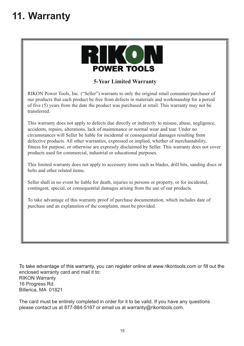 Warranty | RIKON Power Tools 70-200EVS User Manual | Page 15 / 16