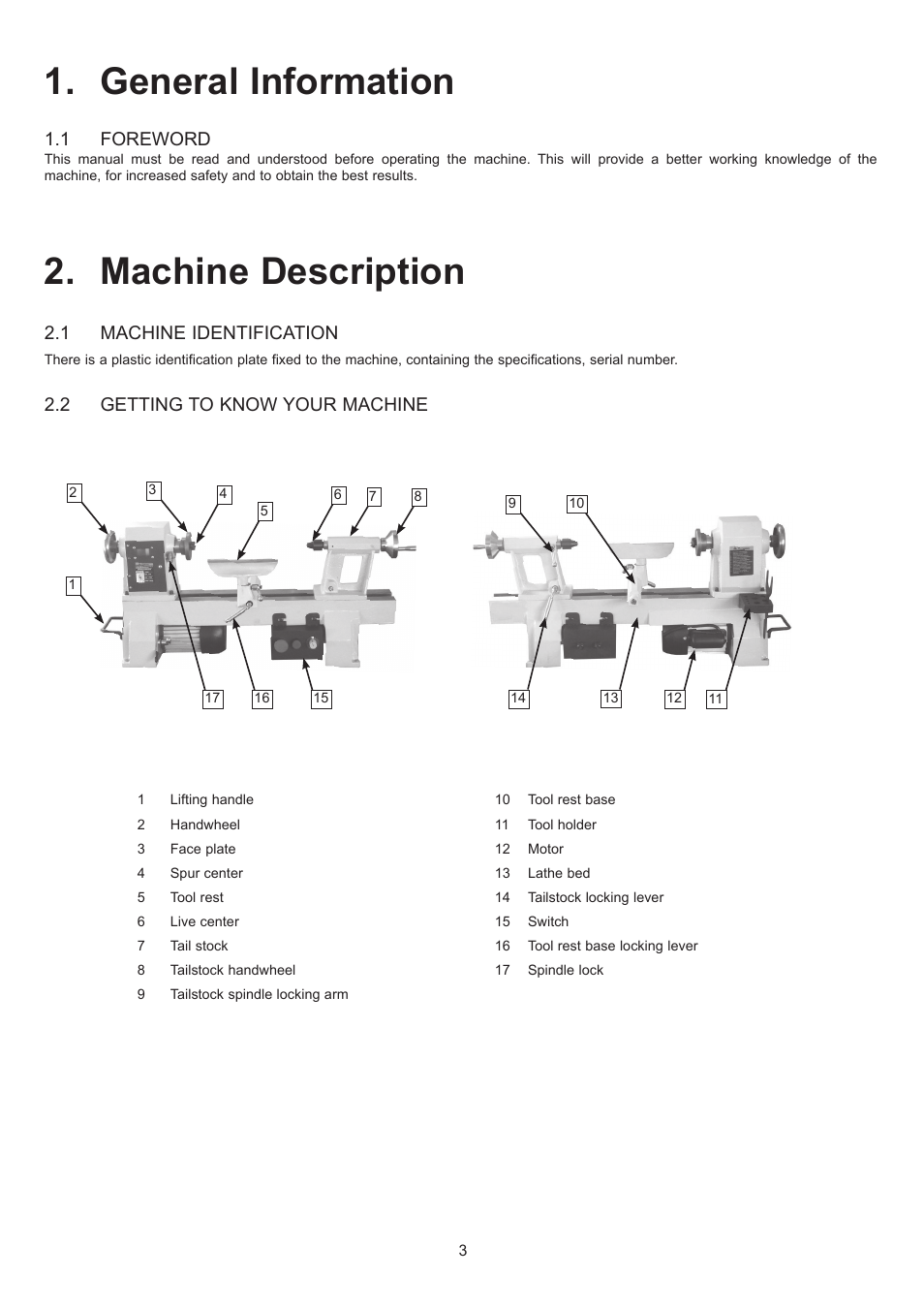 General information, Machine description, 1 foreword | 1 machine identification, 2 getting to know your machine | RIKON Power Tools 70-200EVS User Manual | Page 3 / 16