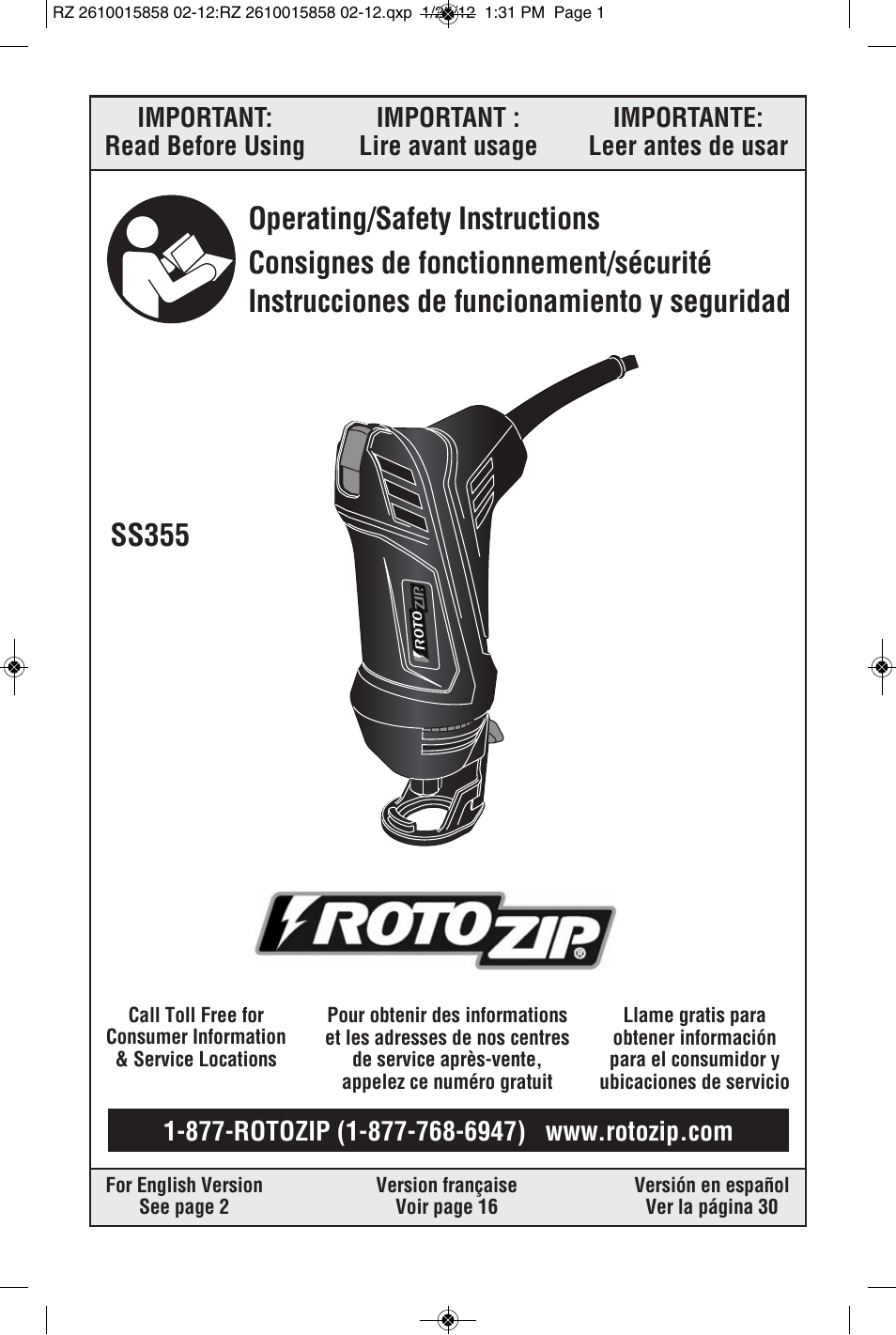 RotoZip SS355 User Manual | 44 pages