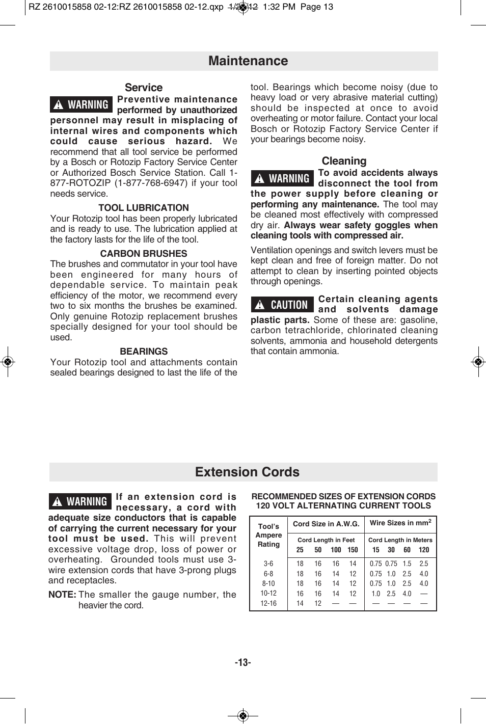 Extension cords, Maintenance, Warning | Service, Cleaning, Caution | RotoZip SS355 User Manual | Page 13 / 44