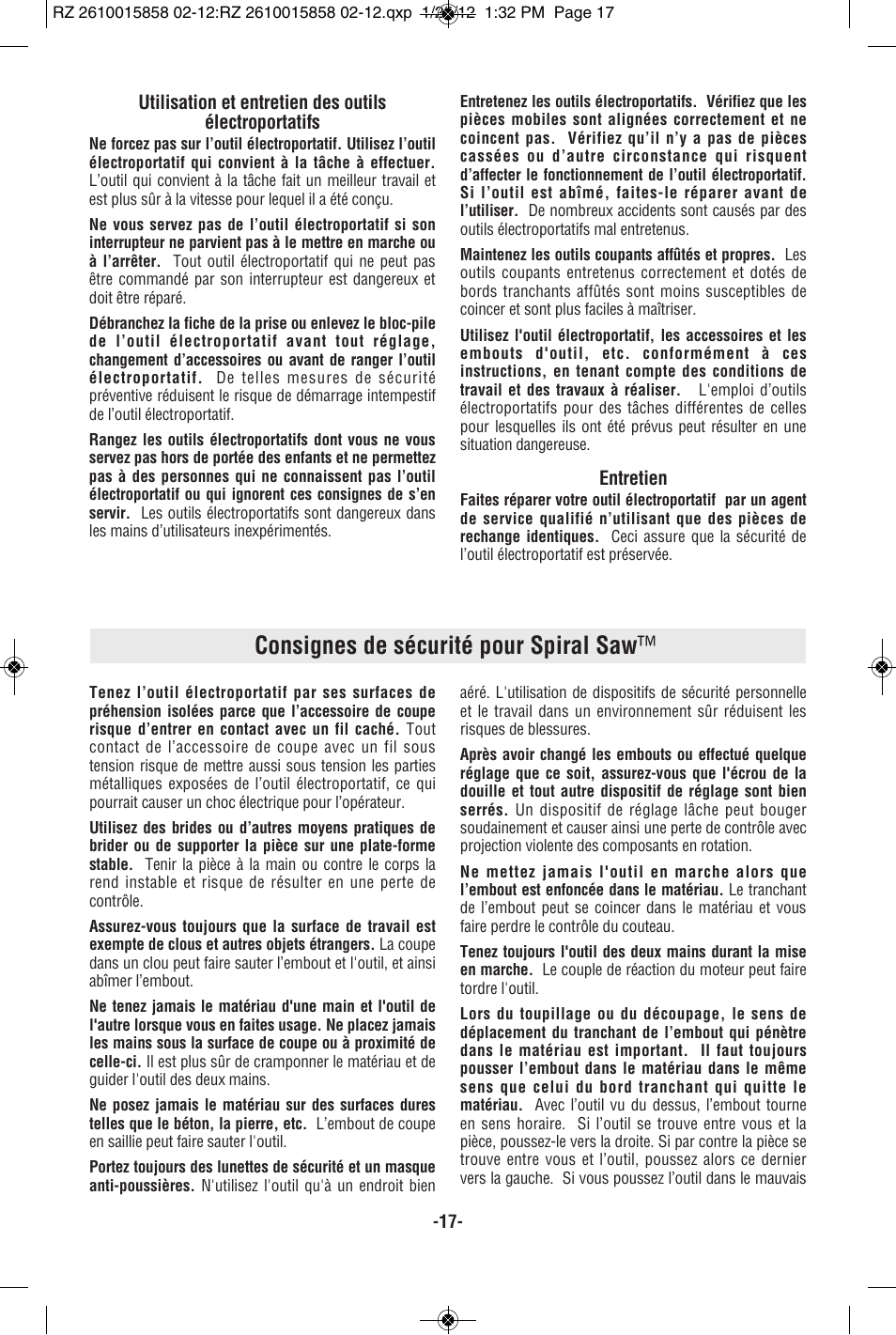 Consignes de sécurité pour spiral saw | RotoZip SS355 User Manual | Page 17 / 44