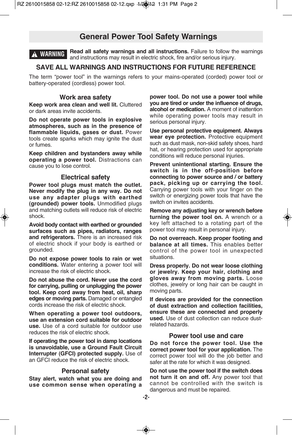 General power tool safety warnings | RotoZip SS355 User Manual | Page 2 / 44