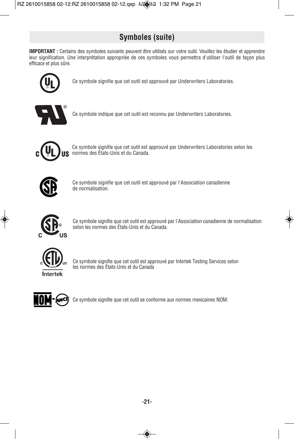 Symboles (suite) | RotoZip SS355 User Manual | Page 21 / 44