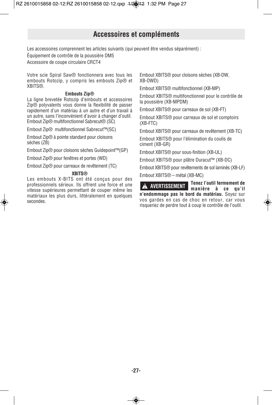 Accessoires et compléments | RotoZip SS355 User Manual | Page 27 / 44