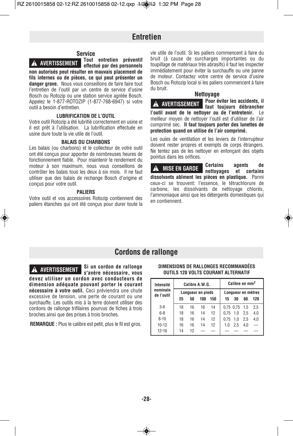 Entretien, Cordons de rallonge, Service | Nettoyage | RotoZip SS355 User Manual | Page 28 / 44