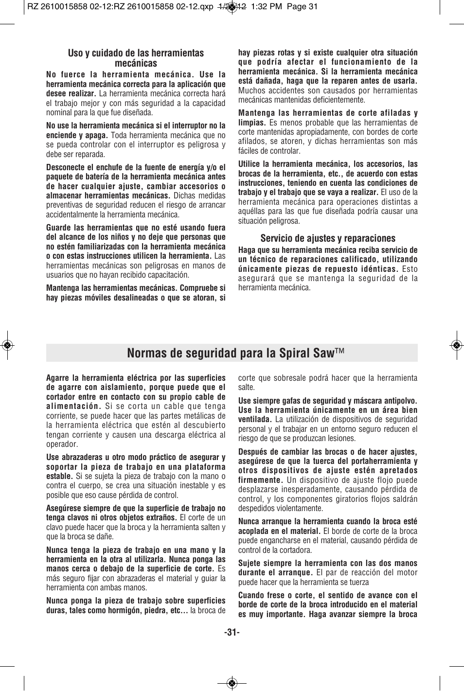 Normas de seguridad para la spiral saw | RotoZip SS355 User Manual | Page 31 / 44