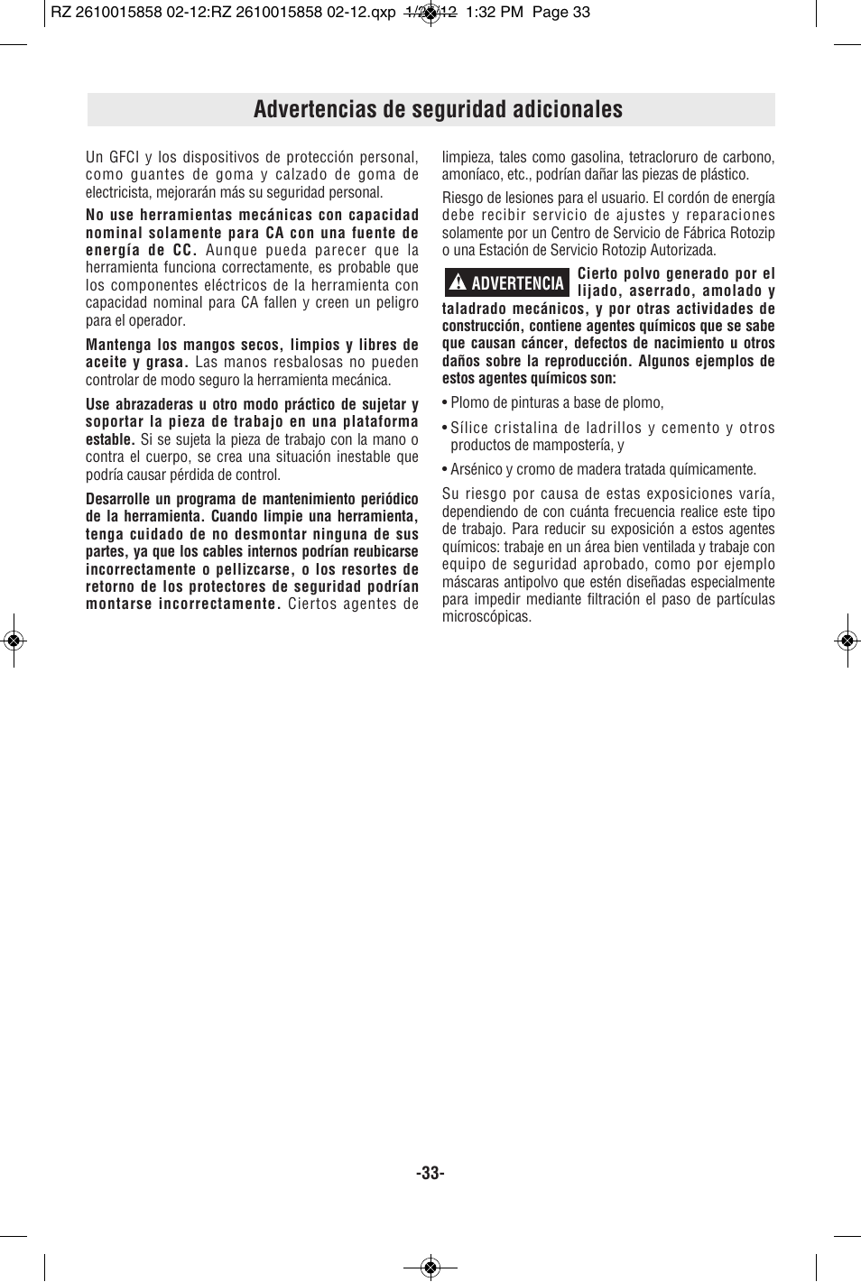 Advertencias de seguridad adicionales | RotoZip SS355 User Manual | Page 33 / 44