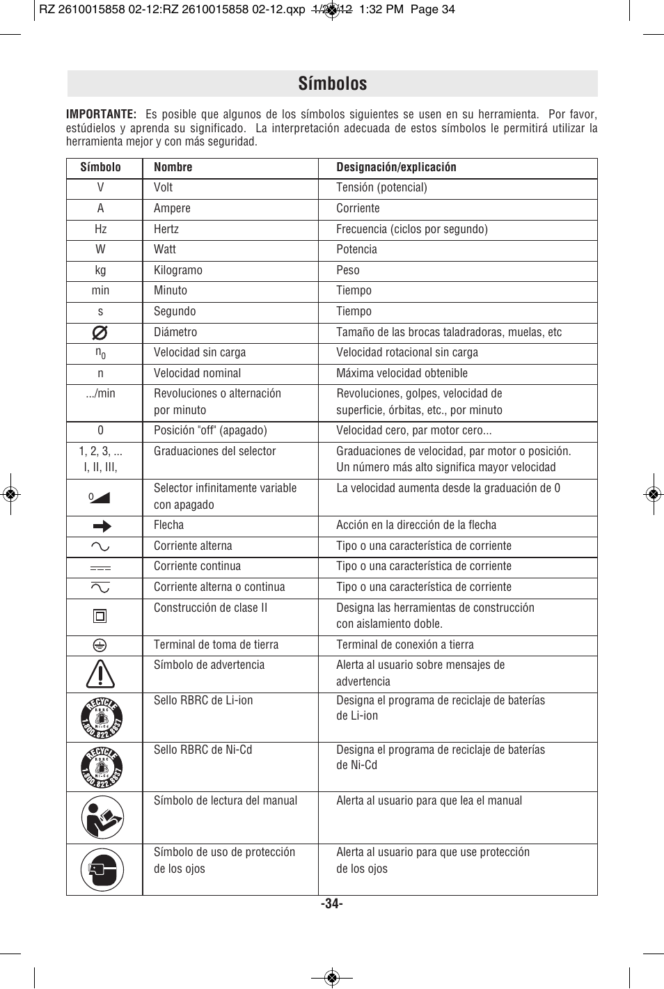 Símbolos | RotoZip SS355 User Manual | Page 34 / 44