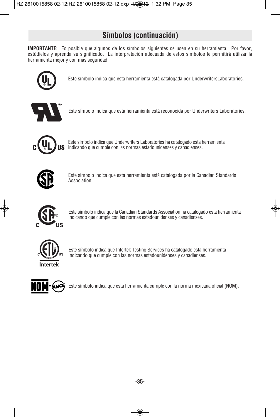 Símbolos (continuación) | RotoZip SS355 User Manual | Page 35 / 44