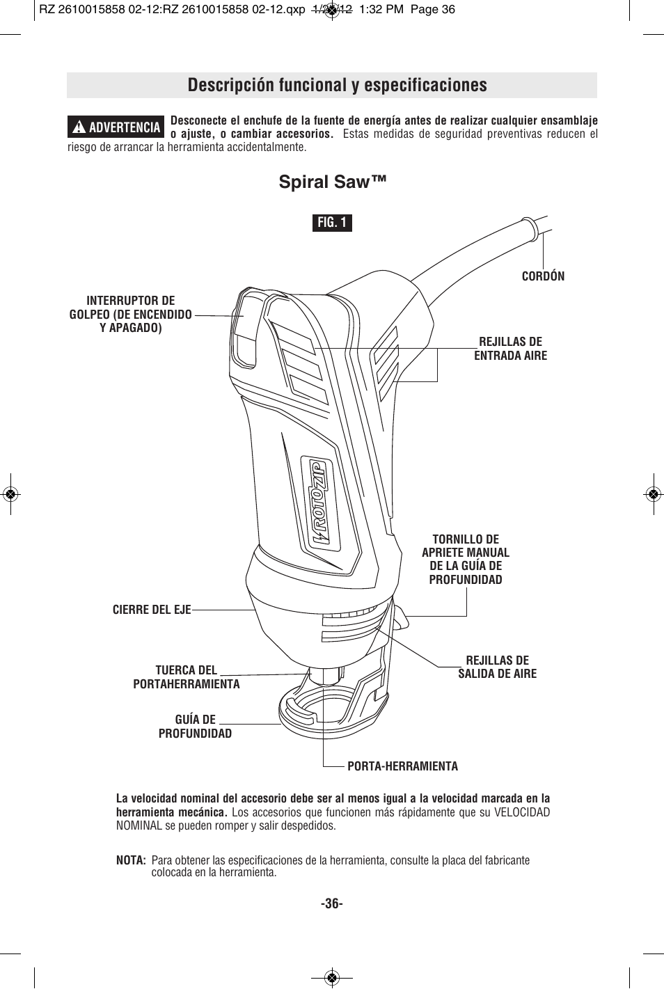 Descripción funcional y especificaciones, Spiral saw | RotoZip SS355 User Manual | Page 36 / 44