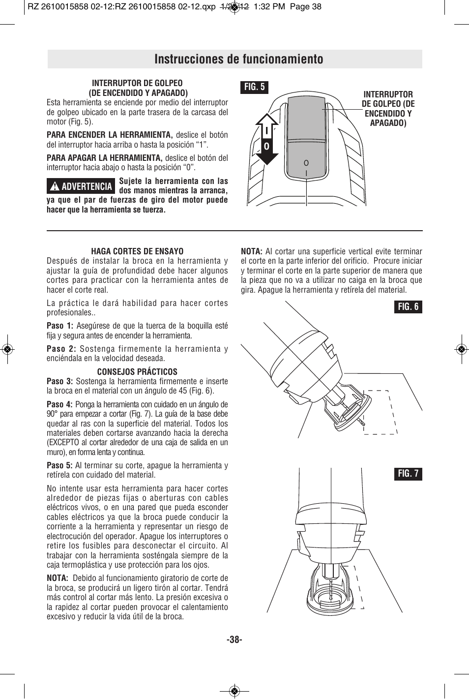 Instrucciones de funcionamiento | RotoZip SS355 User Manual | Page 38 / 44