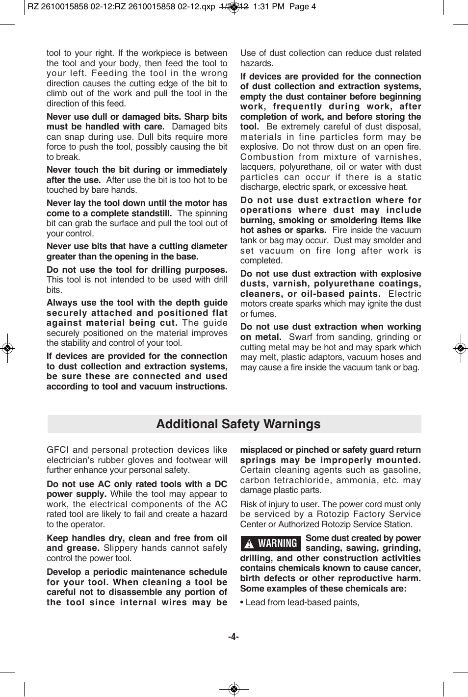 Additional safety warnings | RotoZip SS355 User Manual | Page 4 / 44