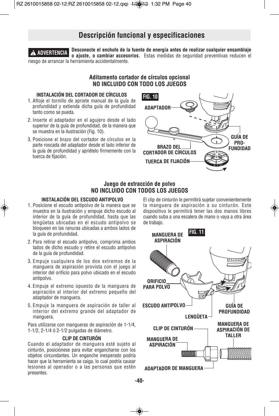 Descripción funcional y especificaciones | RotoZip SS355 User Manual | Page 40 / 44