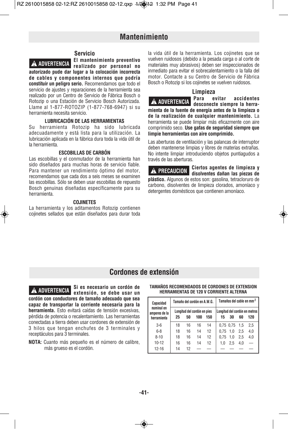 Mantenimiento, Cordones de extensión, Servicio | Limpieza, Advertencia ! advertencia ! precaucion ! -41, Advertencia | RotoZip SS355 User Manual | Page 41 / 44