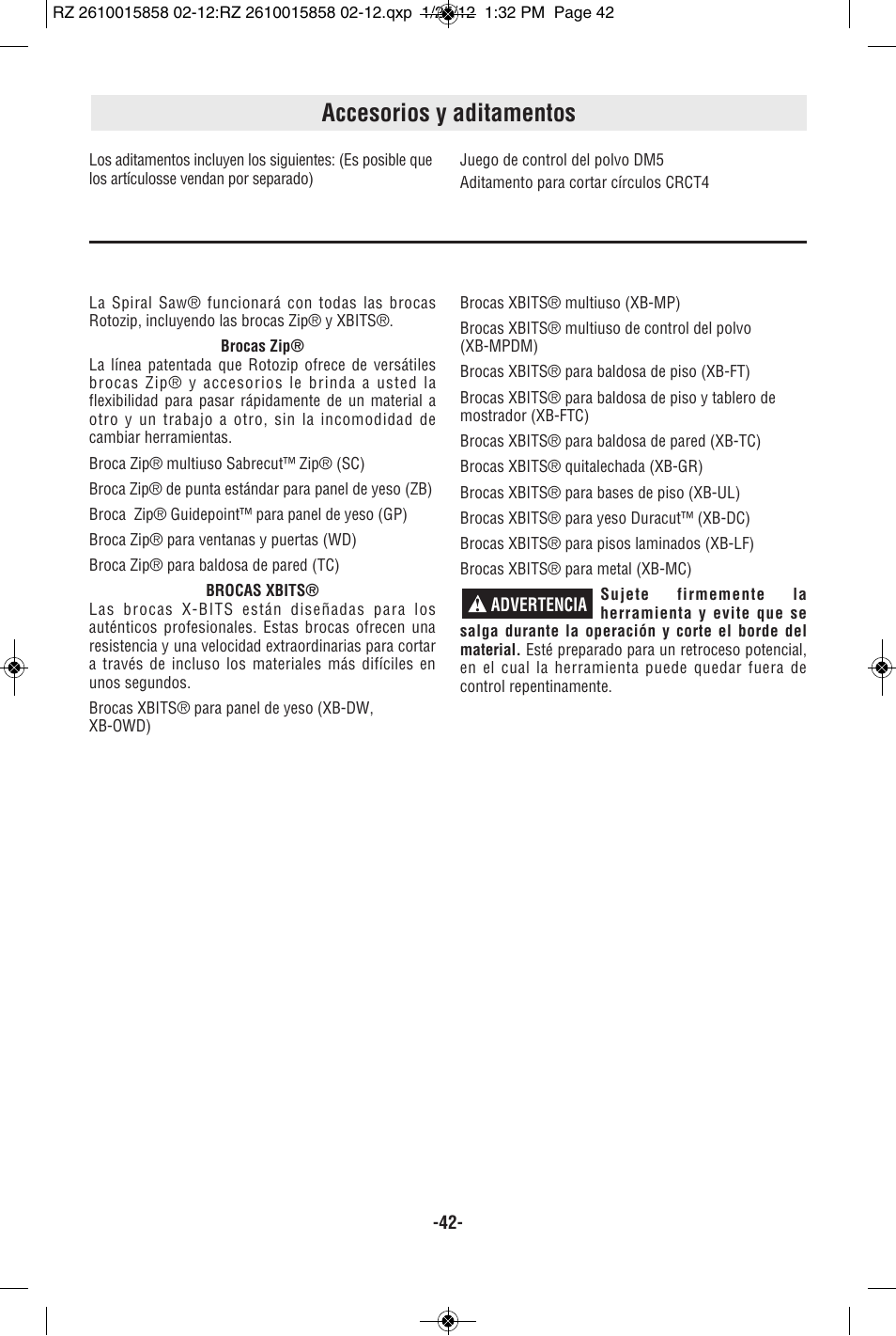 Accesorios y aditamentos | RotoZip SS355 User Manual | Page 42 / 44