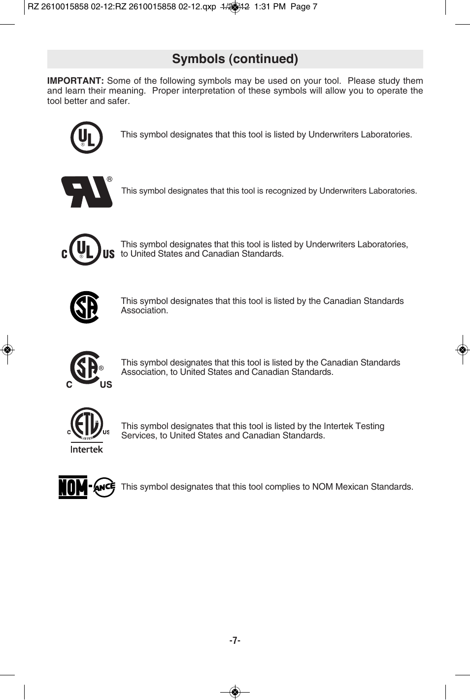 Symbols (continued) | RotoZip SS355 User Manual | Page 7 / 44