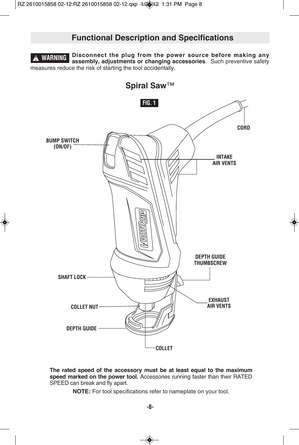 Functional description and specifications, Spiral saw | RotoZip SS355 User Manual | Page 8 / 44