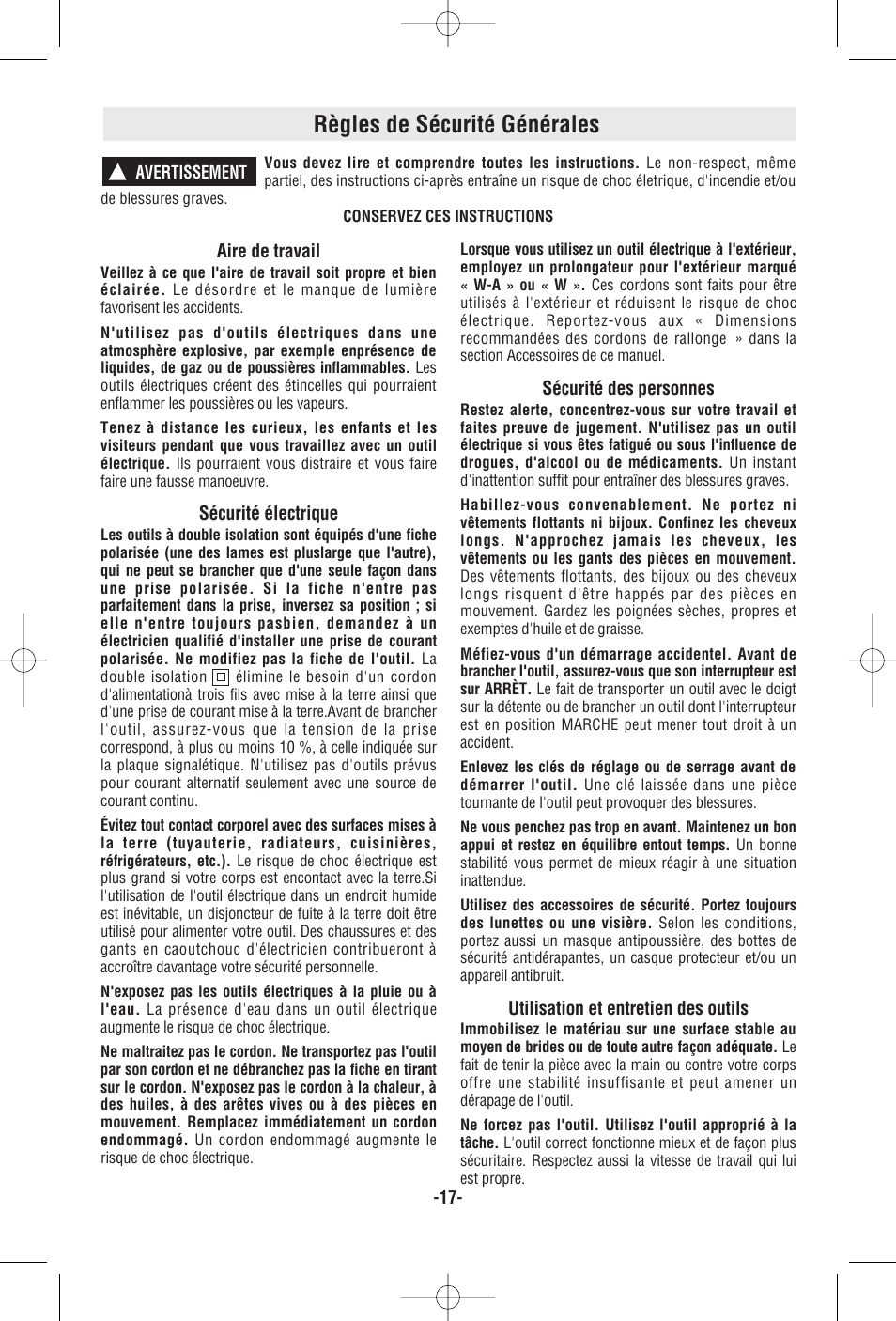 Règles de sécurité générales | RotoZip RZ25 User Manual | Page 17 / 48