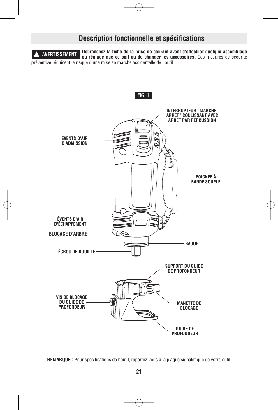 Description fonctionnelle et spécifications, Spiral saw | RotoZip RZ25 User Manual | Page 21 / 48