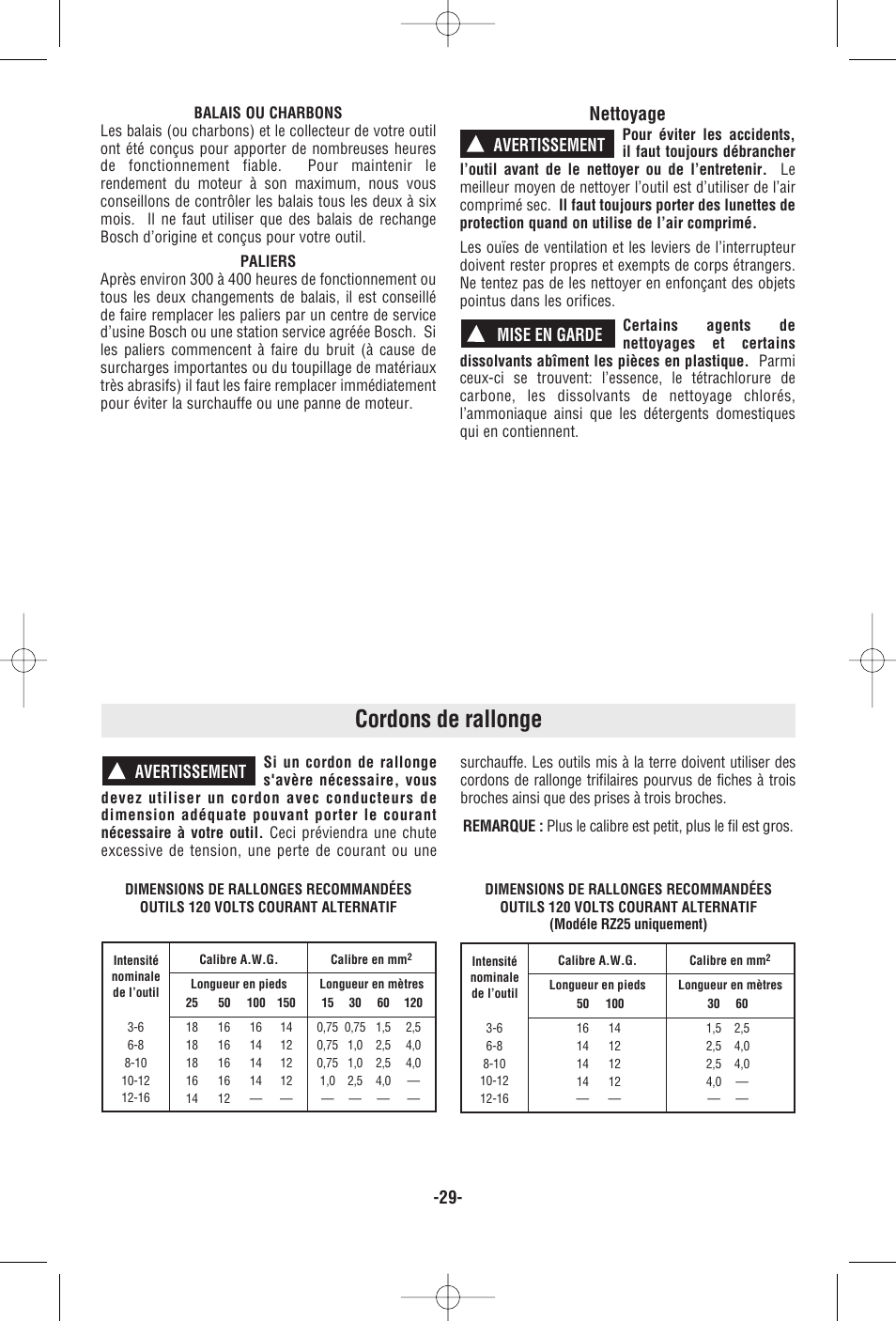 Cordons de rallonge, Nettoyage, Avertissement ! mise en garde | Avertissement | RotoZip RZ25 User Manual | Page 29 / 48