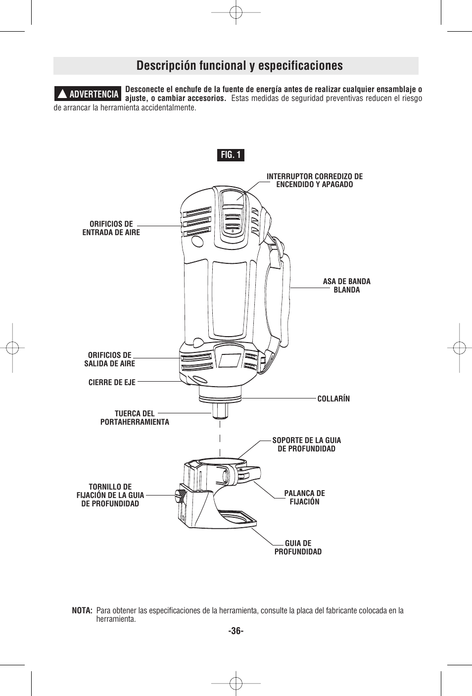 Descripción funcional y especificaciones, Spiral saw | RotoZip RZ25 User Manual | Page 36 / 48