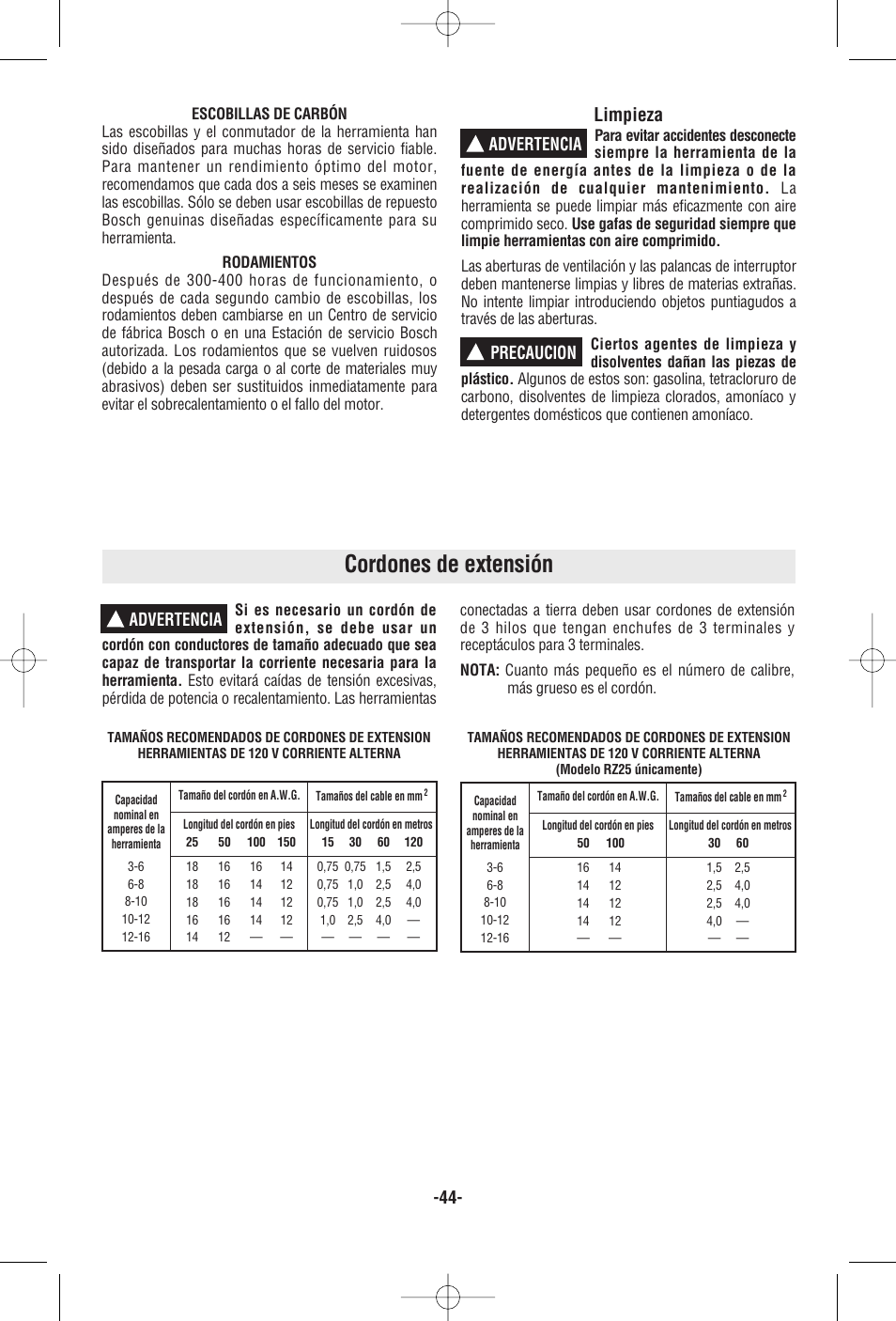 Cordones de extensión, Limpieza, Advertencia ! precaucion | Advertencia | RotoZip RZ25 User Manual | Page 44 / 48