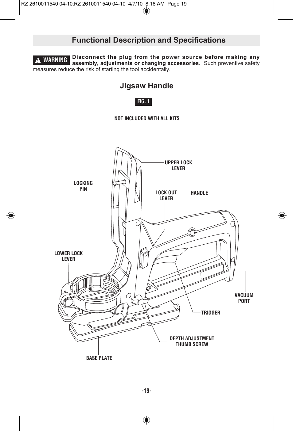 Functional description and specifications, Jigsaw handle | RotoZip RZ2000 User Manual | Page 19 / 72