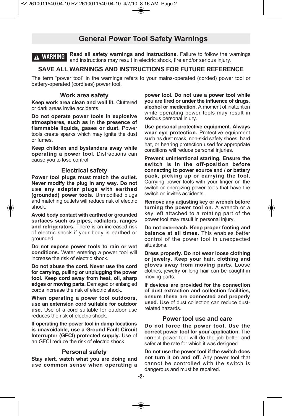 General power tool safety warnings | RotoZip RZ2000 User Manual | Page 2 / 72