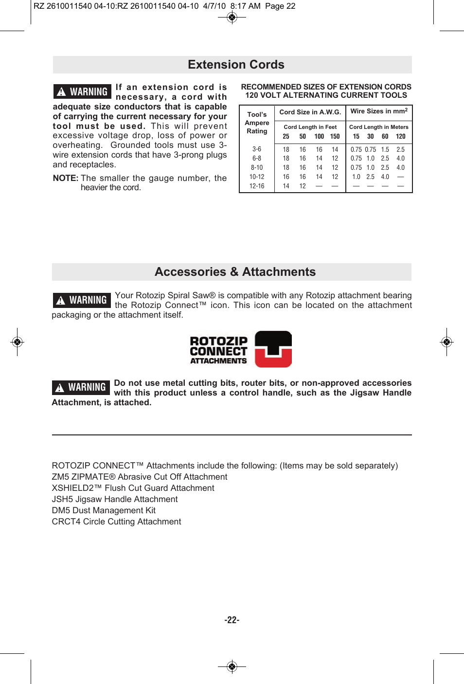 Accessories & attachments, Extension cords, Warning | RotoZip RZ2000 User Manual | Page 22 / 72