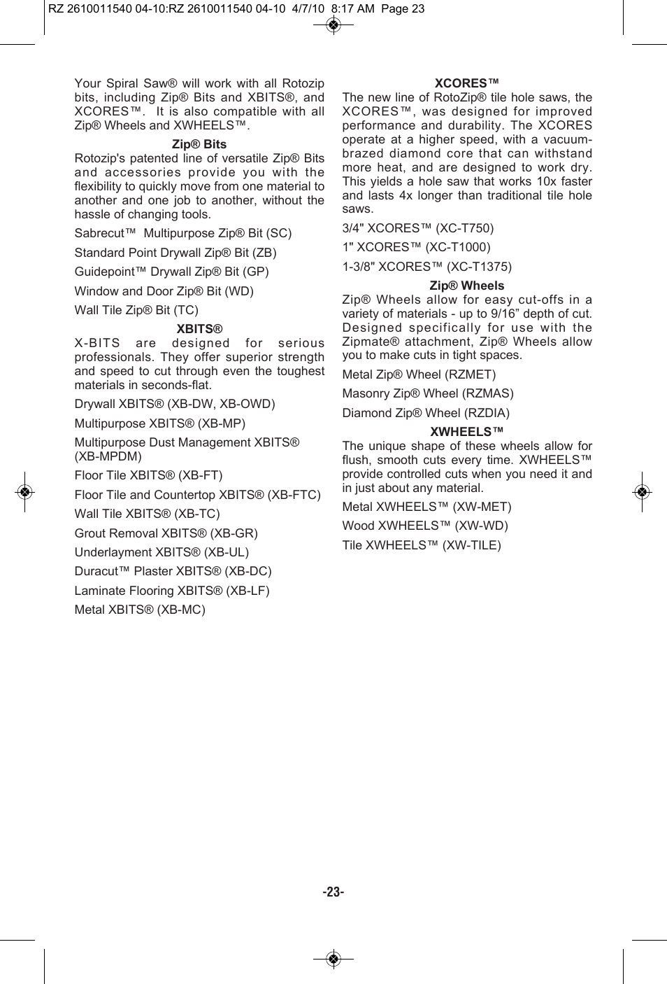 RotoZip RZ2000 User Manual | Page 23 / 72