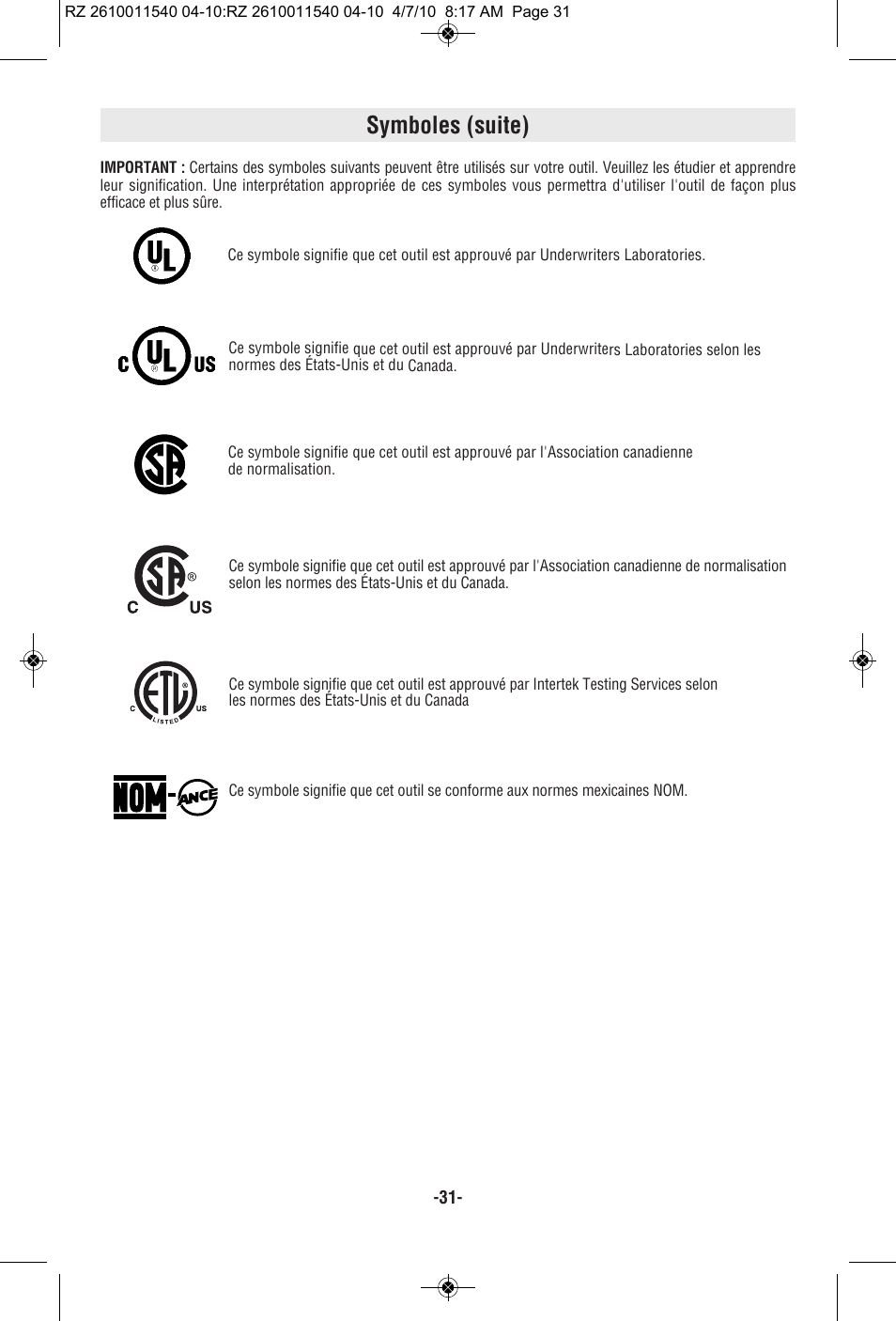 Symboles (suite) | RotoZip RZ2000 User Manual | Page 31 / 72