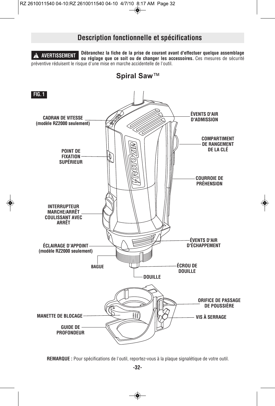 Description fonctionnelle et spécifications, Spiral saw | RotoZip RZ2000 User Manual | Page 32 / 72