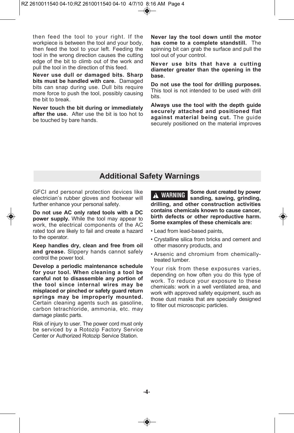 Additional safety warnings | RotoZip RZ2000 User Manual | Page 4 / 72