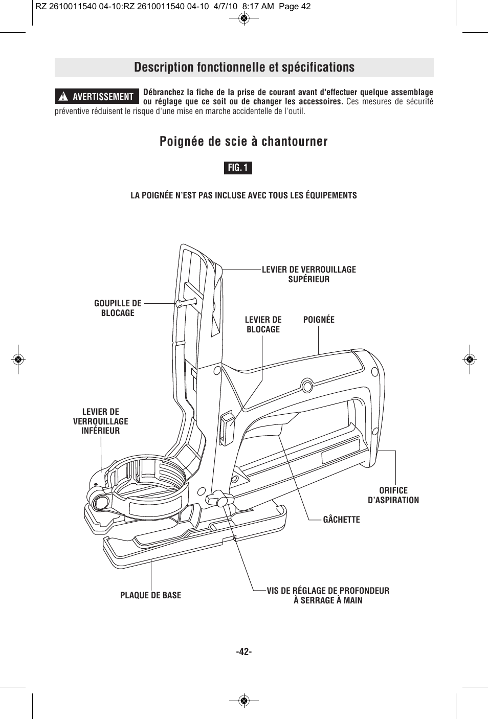 Description fonctionnelle et spécifications, Poignée de scie à chantourner | RotoZip RZ2000 User Manual | Page 42 / 72