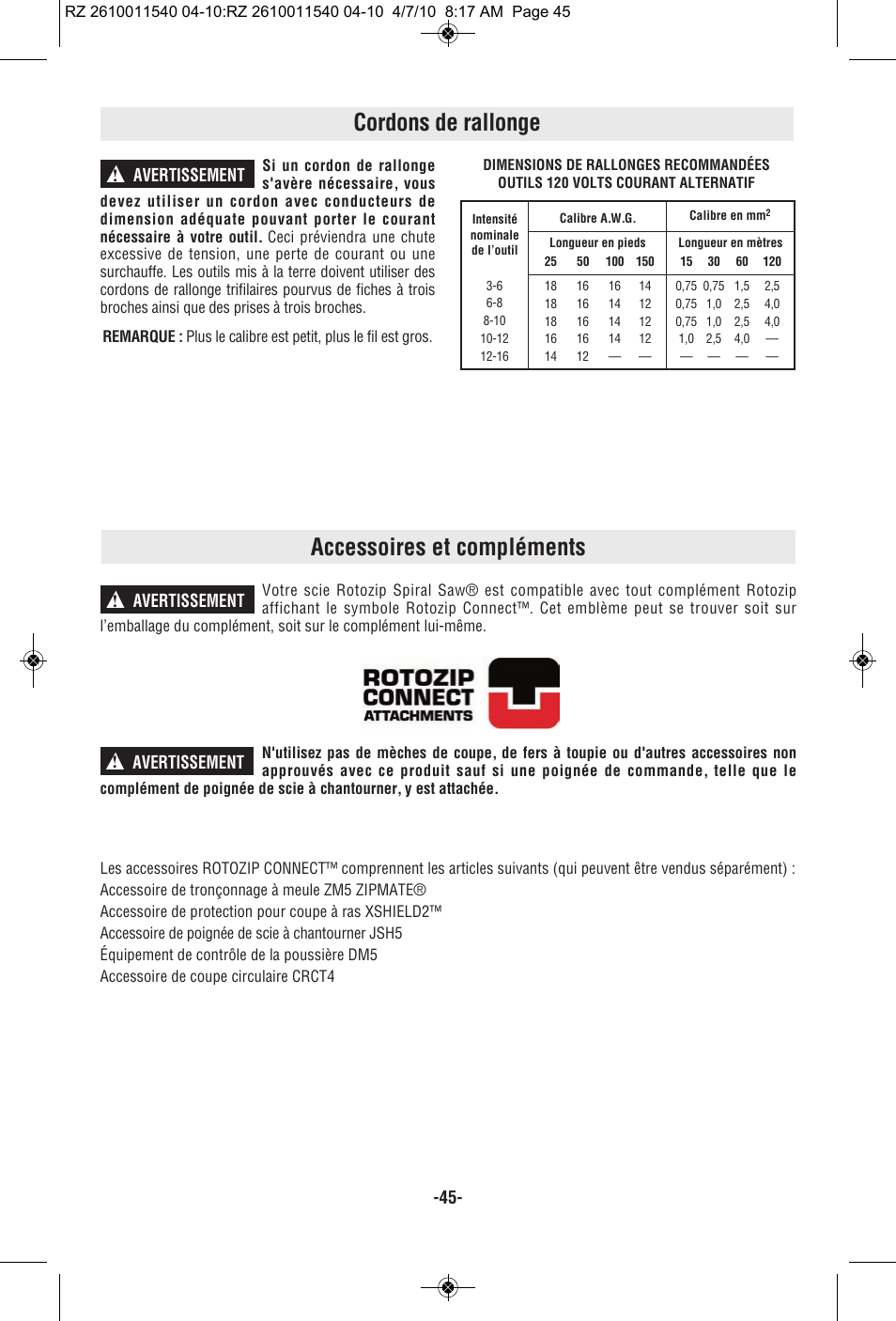 Accessoires et compléments, Cordons de rallonge, Avertissement | RotoZip RZ2000 User Manual | Page 45 / 72