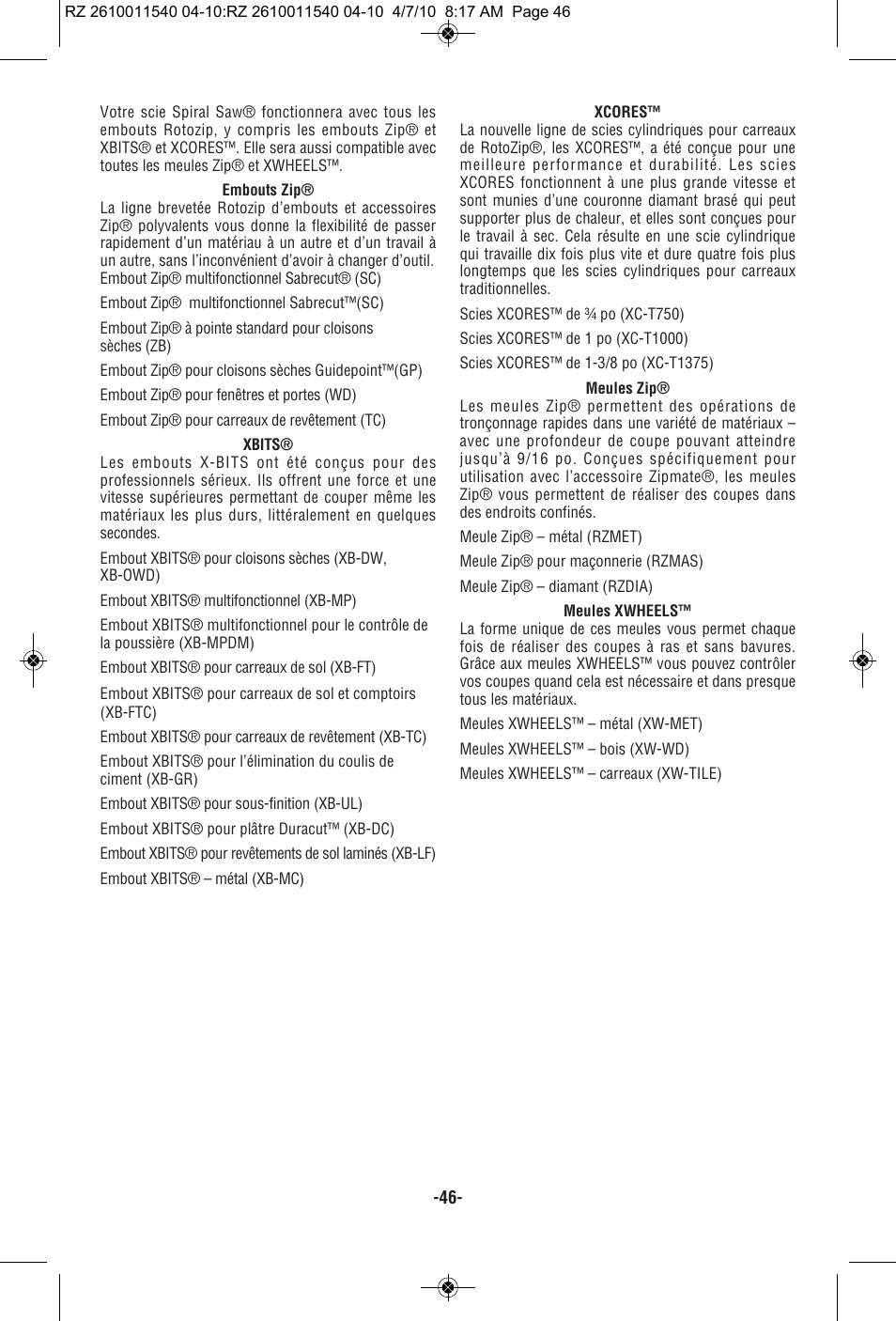 RotoZip RZ2000 User Manual | Page 46 / 72