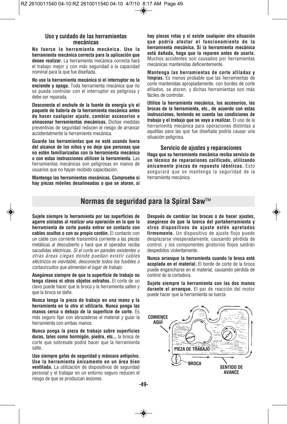 Normas de seguridad para la spiral saw | RotoZip RZ2000 User Manual | Page 49 / 72