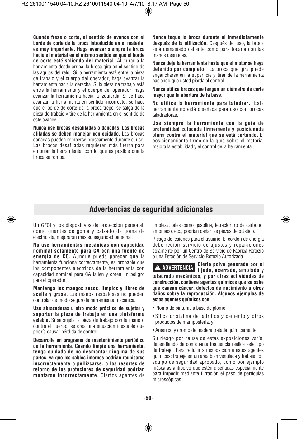 Advertencias de seguridad adicionales | RotoZip RZ2000 User Manual | Page 50 / 72