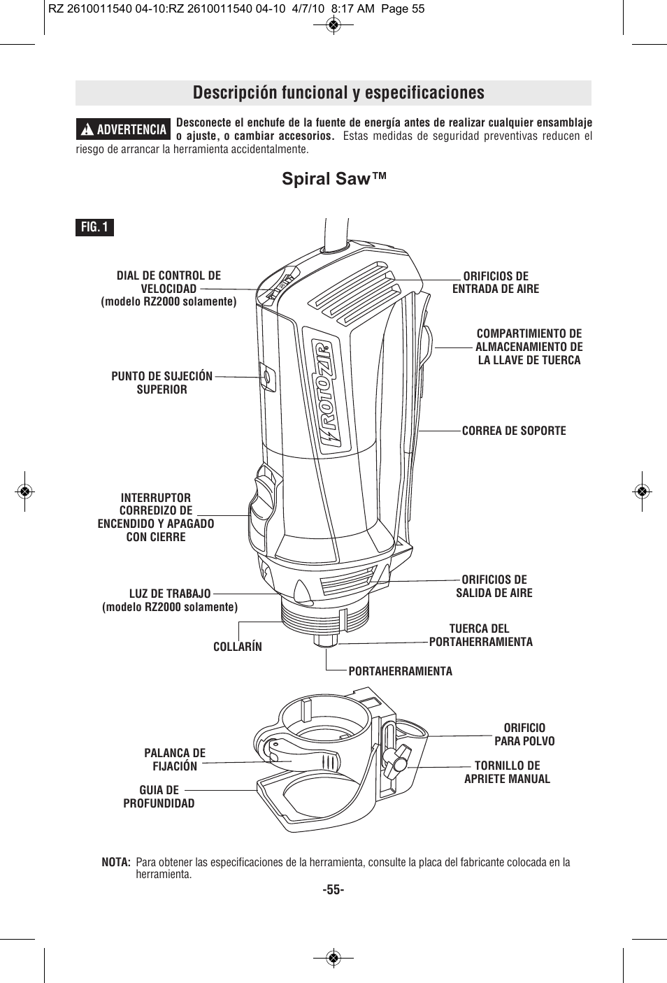 Descripción funcional y especificaciones, Spiral saw | RotoZip RZ2000 User Manual | Page 55 / 72