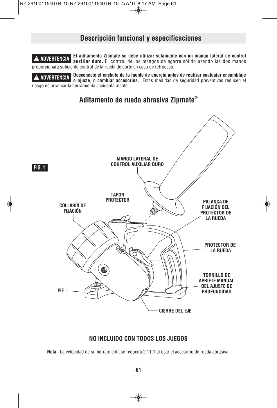 Descripción funcional y especificaciones, Aditamento de rueda abrasiva zipmate | RotoZip RZ2000 User Manual | Page 61 / 72