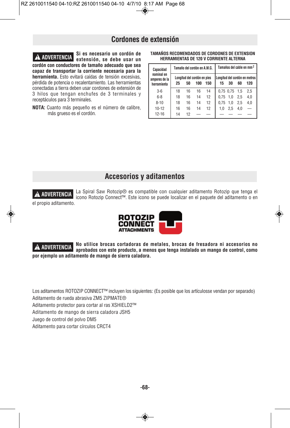 Accesorios y aditamentos, Cordones de extensión, Advertencia | Advertencia ! advertencia | RotoZip RZ2000 User Manual | Page 68 / 72