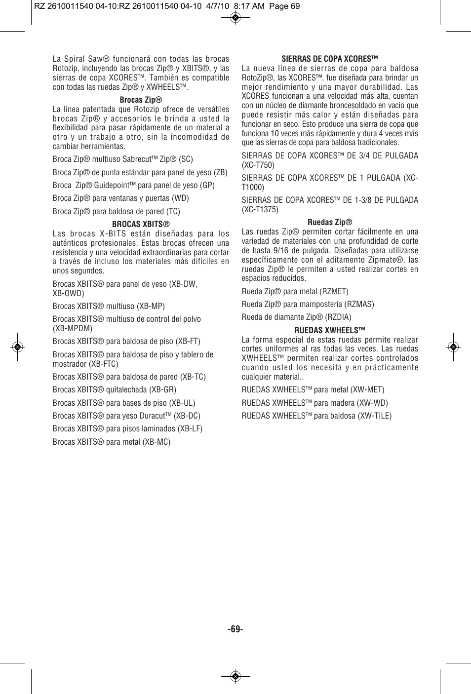 RotoZip RZ2000 User Manual | Page 69 / 72