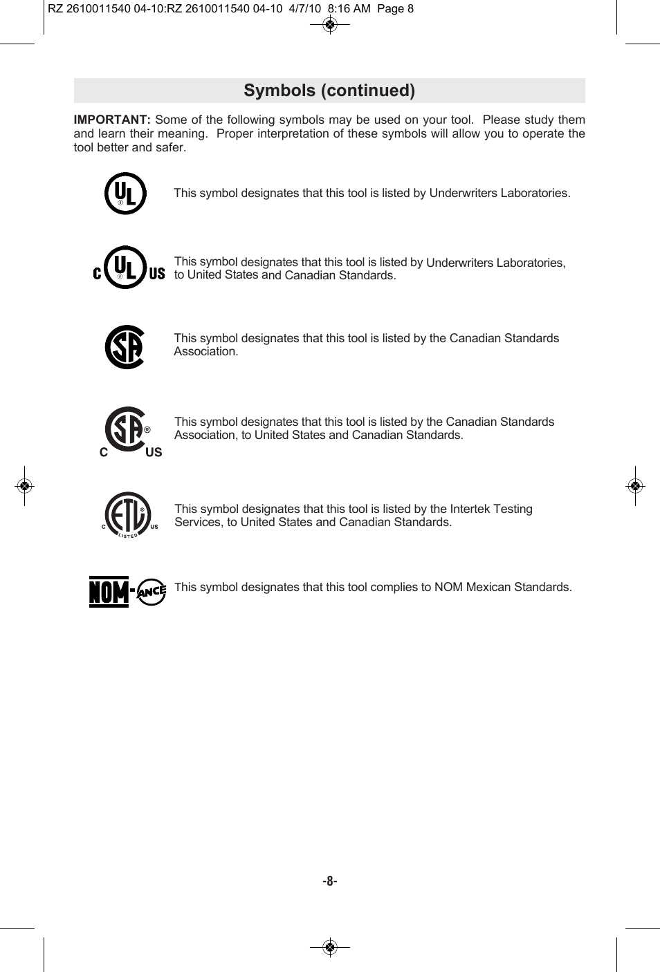 Symbols (continued) | RotoZip RZ2000 User Manual | Page 8 / 72