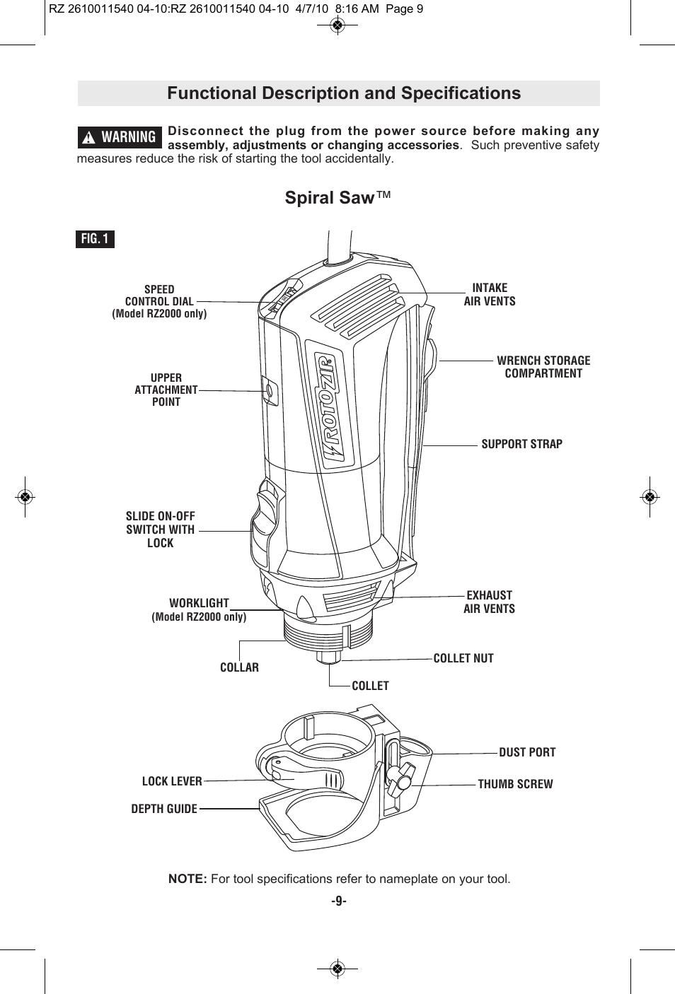 Functional description and specifications, Spiral saw | RotoZip RZ2000 User Manual | Page 9 / 72