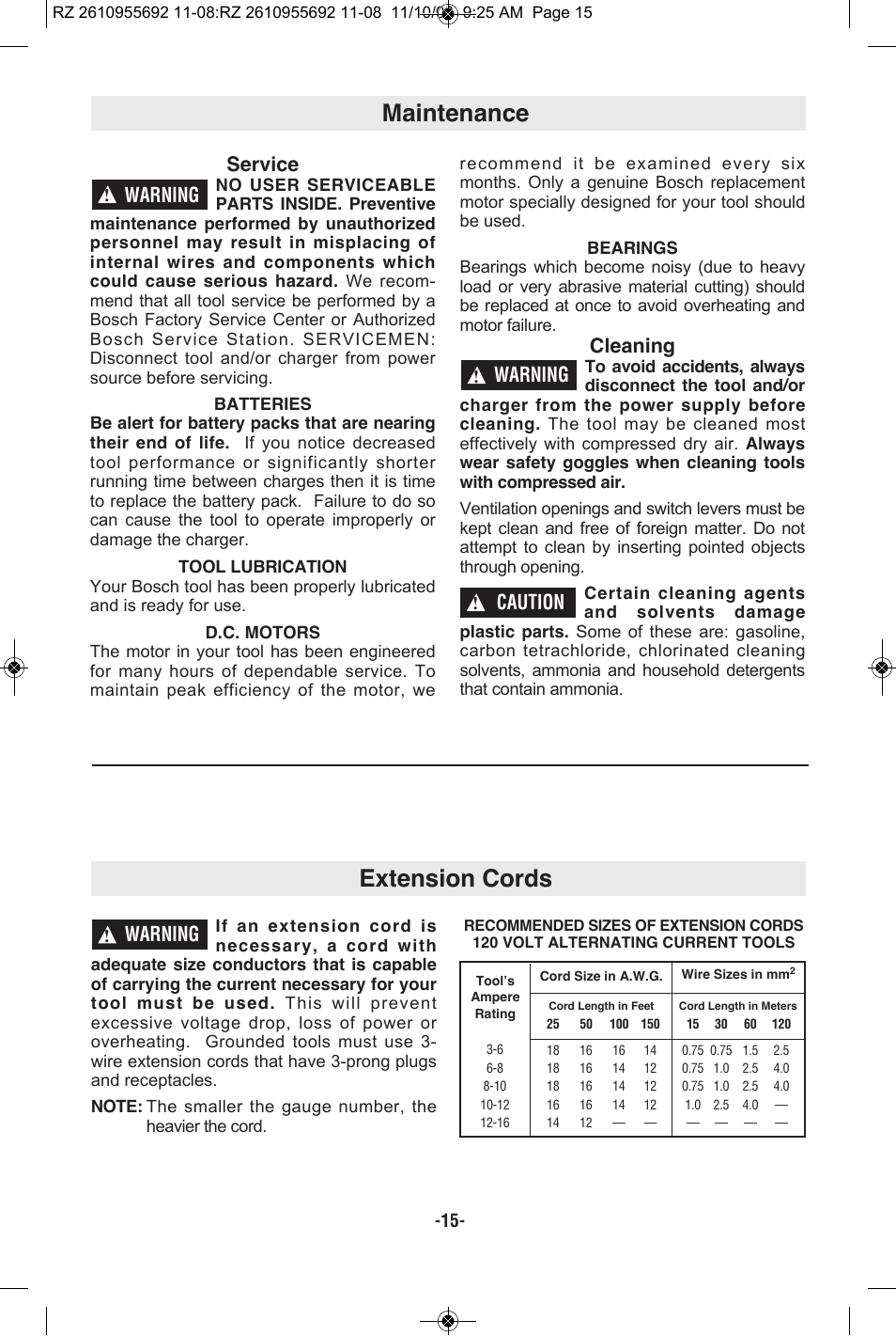 Maintenance, Extension cords, Service | Cleaning, Warning, Caution | RotoZip CR18L User Manual | Page 15 / 48