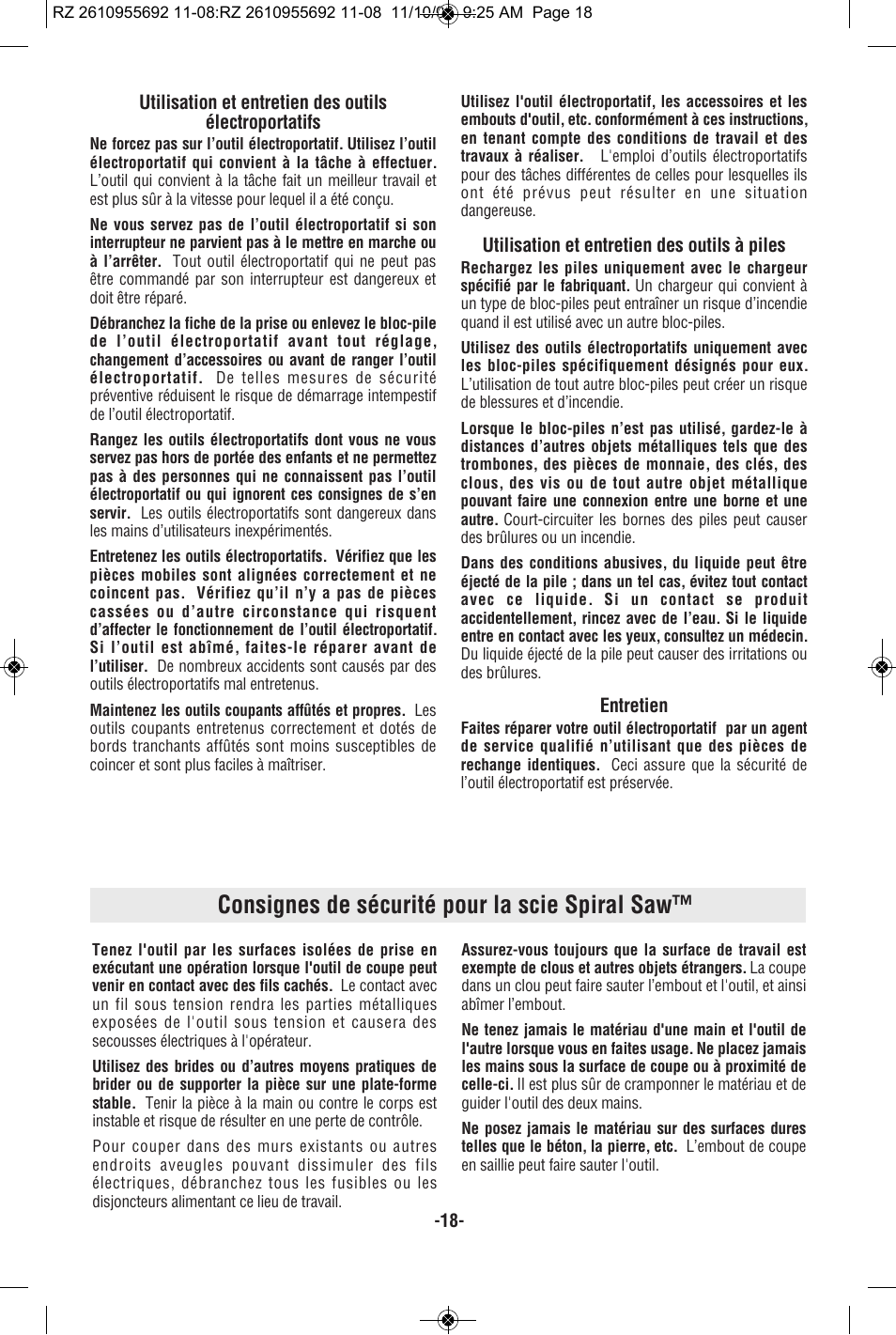 Consignes de sécurité pour la scie spiral saw | RotoZip CR18L User Manual | Page 18 / 48